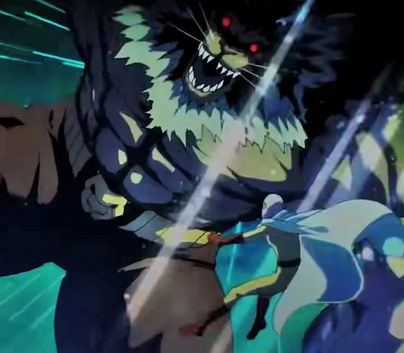 Beast King attacks Saitama with Lion Slash: Meteor Power Shower.