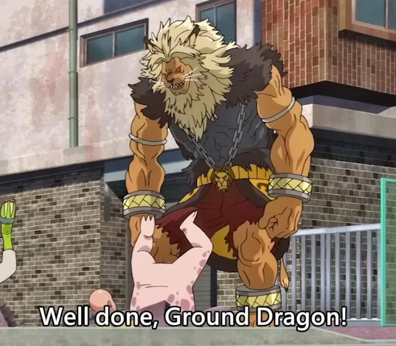 Beast King stands before Saitama who is stuck on the ground. He compliments Ground Dragon.