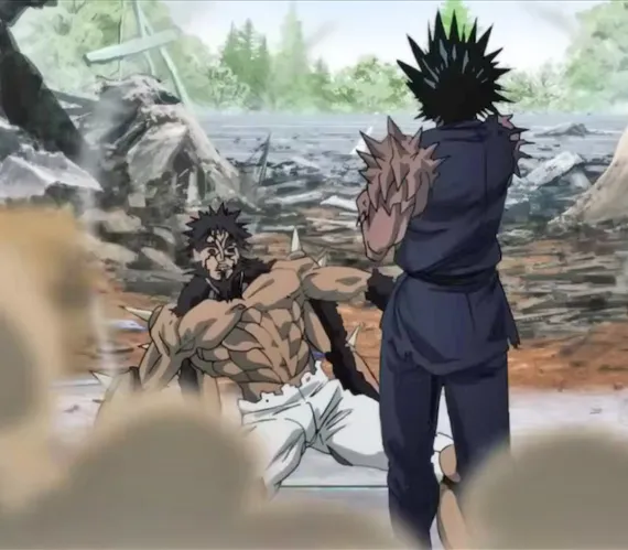 Gouketsu punches monster Bakuzan for being arrogant. Bakuzan dodges and sees how powerful Gouketsu is.