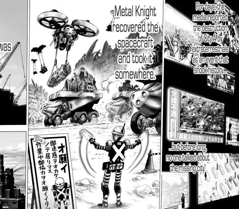 Various Metal Knight Robots scavenging the fragmented parts of the alien spaceship.